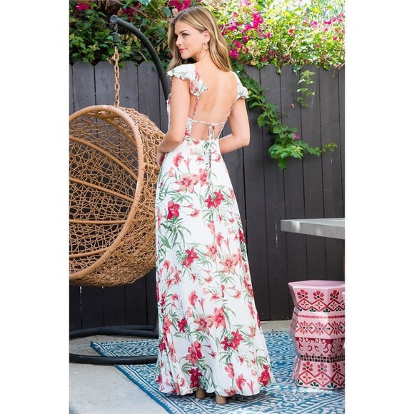 WHITE MAUVE GREEN RUFFLE NECKLINE FLORAL MAXI DRESS - Picture 7 of 7